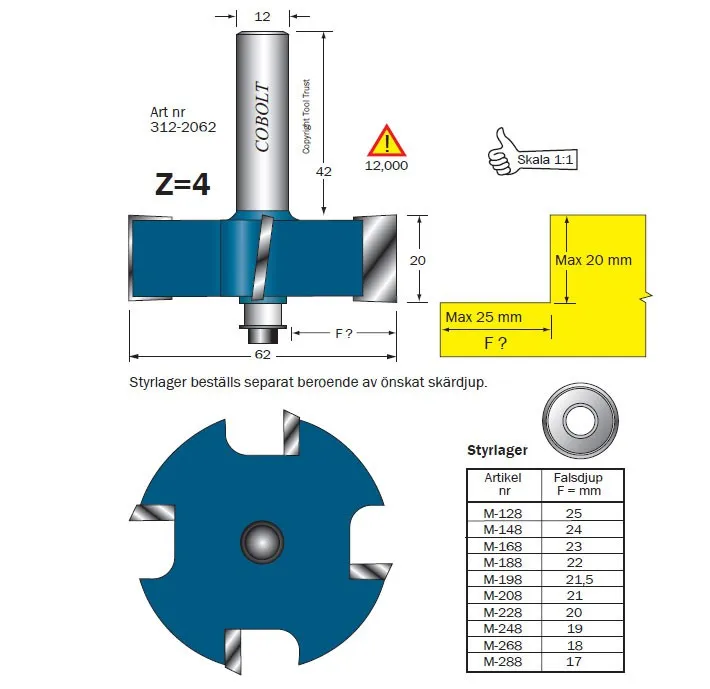 Kampanj FALSFRÄS COBOLT Z=4, L=20, D=62, S=12 mm